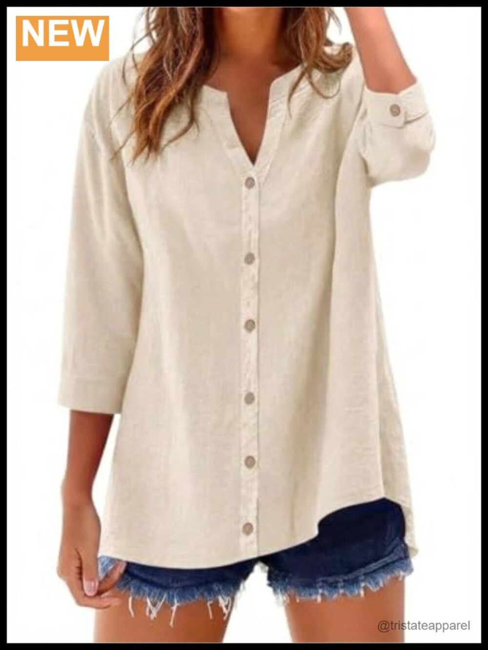 Women's 3/4 Sleeve Button Down Linen Blouse V-Neck Tunic Summer Top